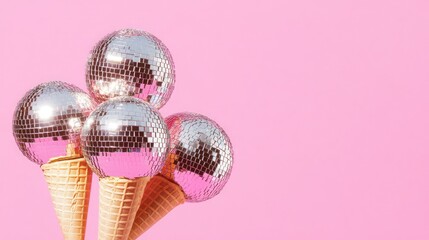 Aufkleber - Disco balls on ice cream cones against a pink background.