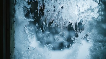 Poster - Delicate ice crystals create an intricate pattern on a frosty windowpane, showcasing the beauty of winter's chill.