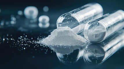 Poster - Close-up of white powder spilling out of clear capsules on a dark background.