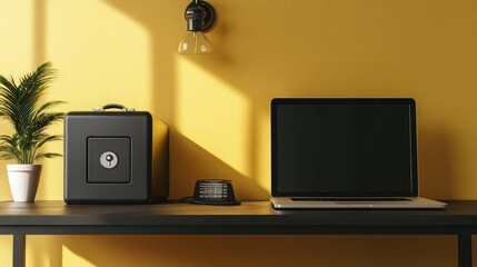 Poster - A black safe sits on a desk with a laptop in front of it. The room is painted a bright yellow.