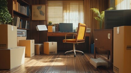 Poster - A home office is being packed up for a move.  The desk is empty except for a yellow office chair.  Boxes are stacked throughout the room.