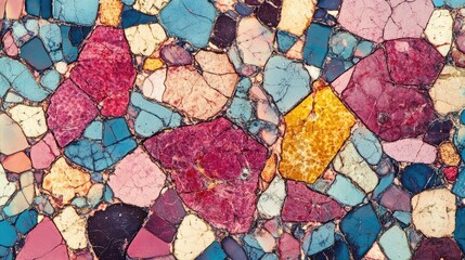 Poster - A close-up of a colorful mosaic made of small stones, each one a different shade of blue, pink, yellow, and red.