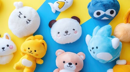 Wall Mural - A collection of adorable plush toys in various animal shapes and colors, arranged on a blue and yellow background.