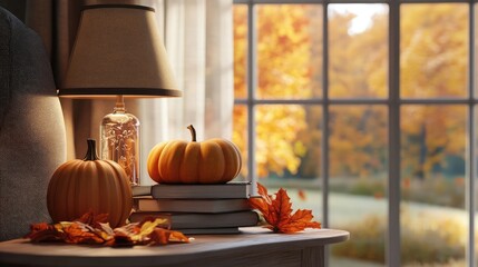 Poster - Cozy autumn decor with pumpkins, leaves, and a lamp on a bedside table.