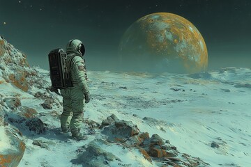 Wall Mural - a man in a spacesuit stands on a snowy surface looking up at a large planet