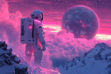 Wall Mural - a man in a white spacesuit stands on a snowy mountain