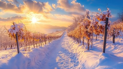 Poster - A snow-covered vineyard path winds through the hills, bathed in the golden glow of sunrise.