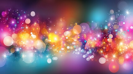 Poster - Festive abstract background with vibrant colorful lights, bokeh effect, and sparkles for a celebration or party banner. Glittering stars and glowing light effects on a dark backdrop create a captivati
