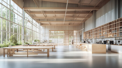 Modern workspace featuring large windows and wooden structures, designed for creativity and collaboration during the day