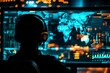 © Panuwat - Person sitting front large computer monitor world map Monitoring cybersecurity threats