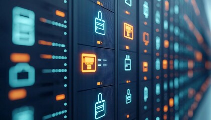 Poster - Futuristic digital interface showcasing security icons and data management systems in a modern setting.