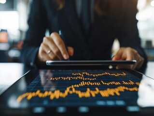 Poster - Professional analyzing financial data on a tablet in a modern office environment.