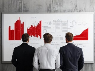 Poster - Three professionals analyzing business charts and graphs on a wall, focused on strategies and performance metrics.