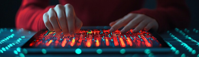 Poster - A close-up view of hands manipulating a glowing digital interface, showcasing modern technology in action.