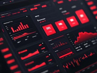 Poster - A modern dark UI display with red accents showcasing data visualizations and metrics for analysis.