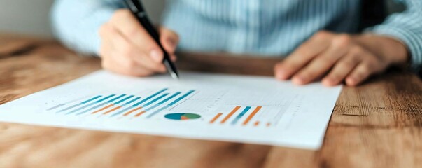 Poster - A professional analyzing charts and statistics on paper during a strategic meeting in an office environment.