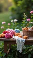 Poster - A basket of colorful yarn sits on a table next to a knitted blanket