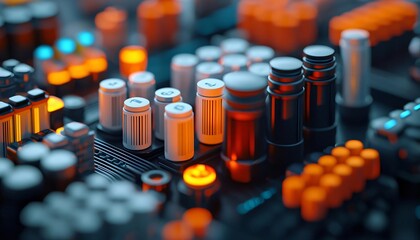 Poster - Close-up view of an intricate circuit board with vibrant components and lights, showcasing modern technology.