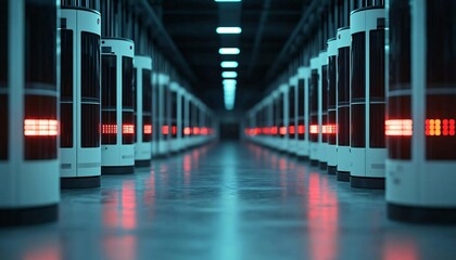 Poster - Futuristic data center corridor showcasing sleek servers with vibrant lights creating a high-tech atmosphere.