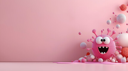 Fototapete - Cute cartoon flu virus character with colorful details and playful expression, set against soft pink background. This whimsical design adds fun touch to health related themes