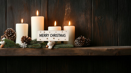 Aufkleber - Merry Christmas candles with pinecones and greenery on wooden shelf create warm, festive atmosphere. Perfect for holiday decor and celebrations