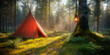 © Chainat - Enchanted Forest Teepee: A red teepee sits serenely in a sun-dappled forest, with a lantern hanging from a moss-covered tree, creating a magical and peaceful atmosphere.