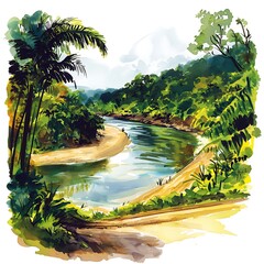 Wall Mural - Watercolor Painting of a River Winding Through a Tropical Forest.