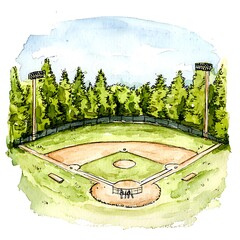 Sticker - Watercolor Illustration of a Baseball Field.