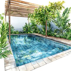 Canvas Print - Watercolor Illustration of a Backyard Pool with Lush Greenery.