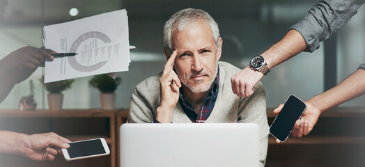 Aufkleber - Business man, hands and portrait of multitasking with confidence from deadline and tech. Boss, pressure and level head from busy office and entrepreneur workflow with professional time management