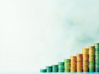 Poster - Abstract stack of coins in watercolor hues of green and gold, representing affordable investments building wealth, subtly textured