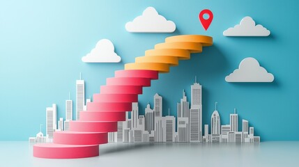 Wall Mural - A colorful staircase rises towards stylized clouds and a skyline, symbolizing progress, growth, and aspiration.