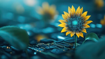 Poster - AI sunflower hologram, floating circuits, vibrant yellow petals, modern tech fusion