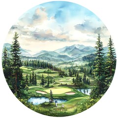 Sticker - Watercolor Painting of a Mountain Golf Course.