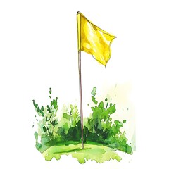 Sticker - Watercolor Illustration of a Yellow Golf Flag on a Green Course.