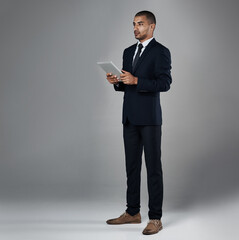 Aufkleber - Studio, businessman and thinking with tablet for career, online information and review update for case. Mockup space, male lawyer and ideas with digital for email feedback, justice or gray background