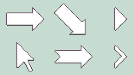 Fototapete - Pixel Art Arrow icon set. Arrows style pixel art set. Cursor pixel art icon. Collection of various white arrow icons on a light green background