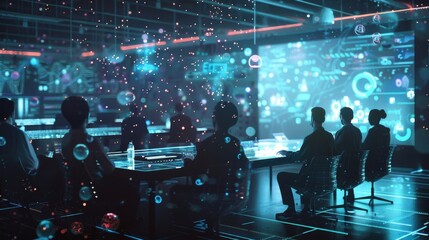 Aufkleber - programmers and software engineers are working in a dark, futuristic office using holographic techno