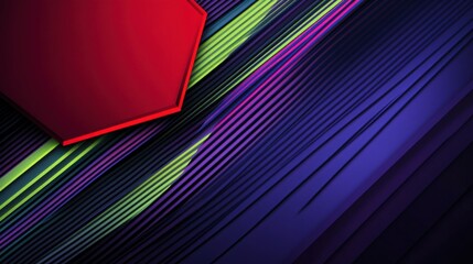 Wall Mural - Stylized vector background with a rich navy gradient, showcasing vibrant purple and green lines alongside a geometric red hexagon element, presented in a diagonal striped layout for a fresh