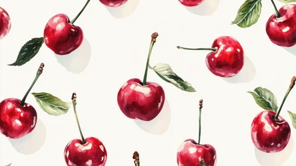 Wall Mural - Glossy red cherries with green stems, isolated on a clean white background for summer vibes