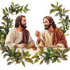 Two Men in Robes Sitting at a Table with Fruit and a Cup.