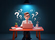 © joeycheung - A cartoon man sits at a desk with a laptop, surrounded by question marks.