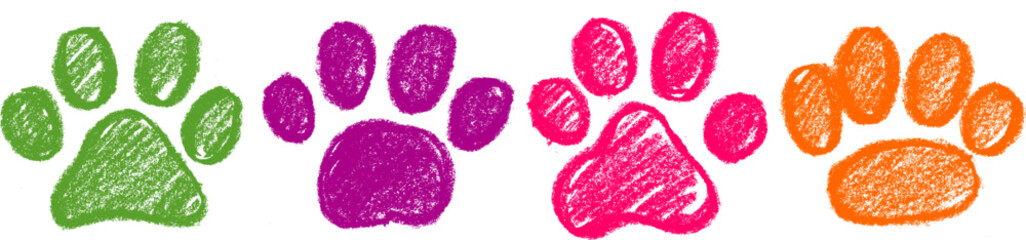 Wall Mural - Pet Paw Print Icon Crayon Chalk Drawing Vector Set