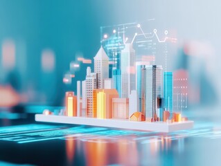 Aufkleber - Digital mortgage planner, floating 3D graphics, techforward cityscape