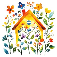 Wall Mural - Watercolor illustration of a yellow house with flowers and leaves.