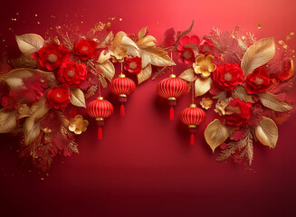 Red and gold paper lanterns hang from a garland of red and gold paper flowers and leaves against a red background.