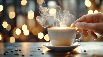 Aufkleber - hand gently touches steaming coffee cup, creating cozy atmosphere with warm bokeh lights in background. scene evokes comfort and relaxation