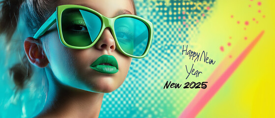 stylish young child with vibrant sunglasses and bold makeup, celebrating New Year 2025 with colorful background