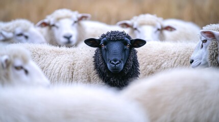 Poster - A black sheep stands out in a herd of white sheep