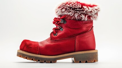 Wall Mural - Red Christmas boot with a fluffy cuff, isolated on a white background